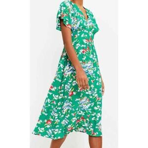 Ann Taylor LOFT Green 10P Petite Floral V Neck Midi Dress Flutter Sleeve Cottage